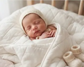 Baby i strikket hue og tæppe